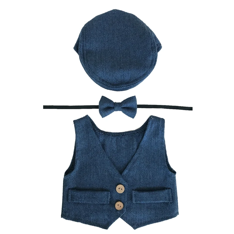 

3 Pcs Newborn Photography Props Baby Beanie Cap Hat Bow Tie Vest Solid Color Outsuits Infants Photo Shooting Clothes