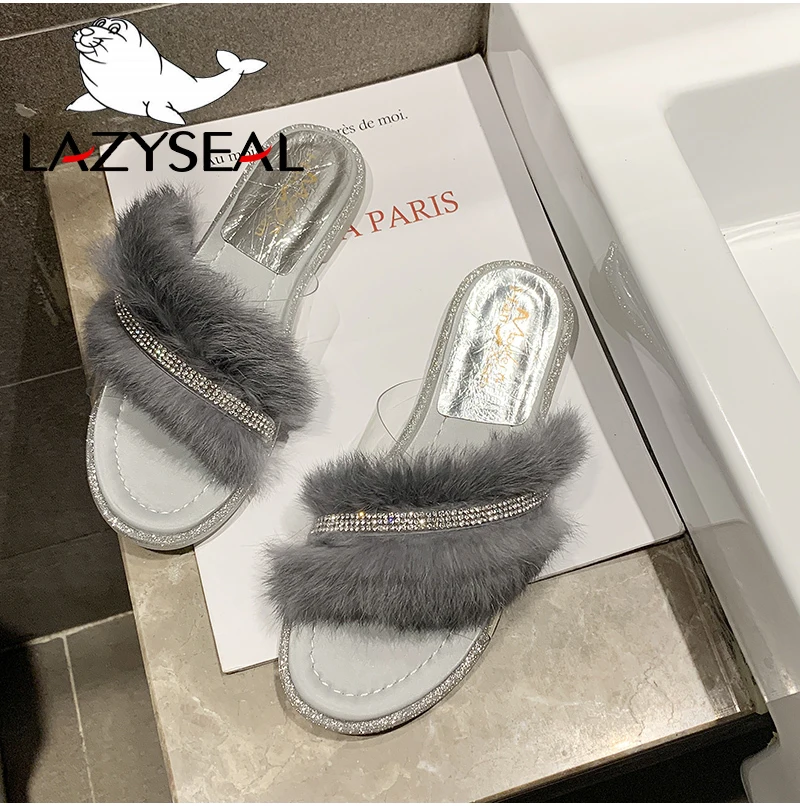 LazySeal/шикарная обувь для ювелирных изделий; женские тапочки из натурального меха; домашние теплые пушистые тапочки на плоской подошве; женские шлепанцы; вьетнамки