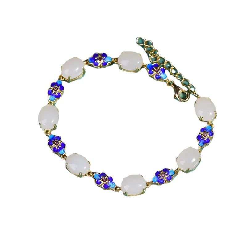 

UBESTNICE Vintage Royal 925 Sterling Silver Bracelets Cloisonne Craft Oval Hetain White Jade Bangles For Women Gift Fine Jewelry