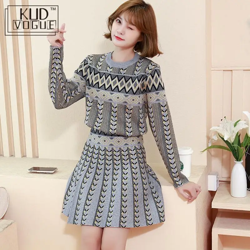 Женский винтажный Трикотажный костюм с юбкой спортивный из двух предметов