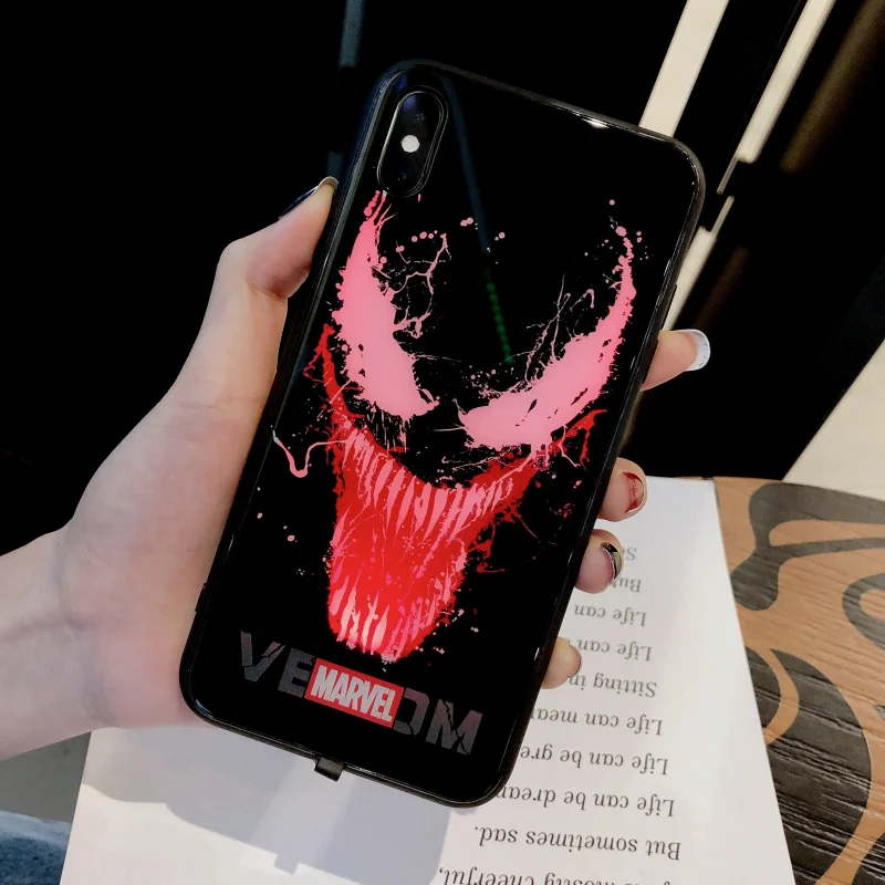 venom чехол из закаленного стекла для телефона для iPhone 6S 7 8PLUS XS MAX светодиодный роскошный стеклянный чехол для телефона