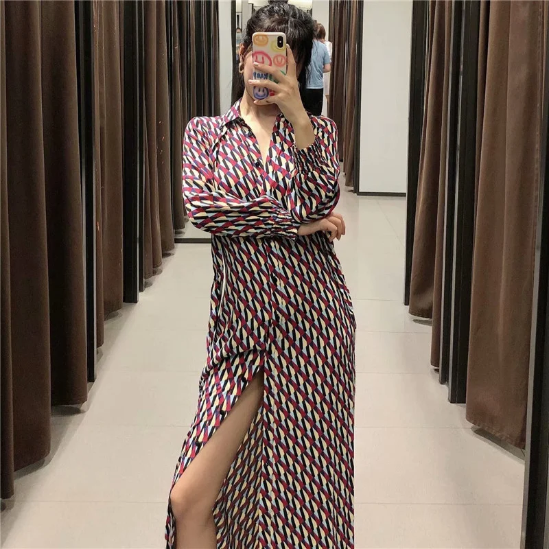 

Women Long Autumn Print Dress 2020 Elegant Midi Dress Tied Lapel Collar Long Sleeve Elastic Cuff Female Vintage Dresses