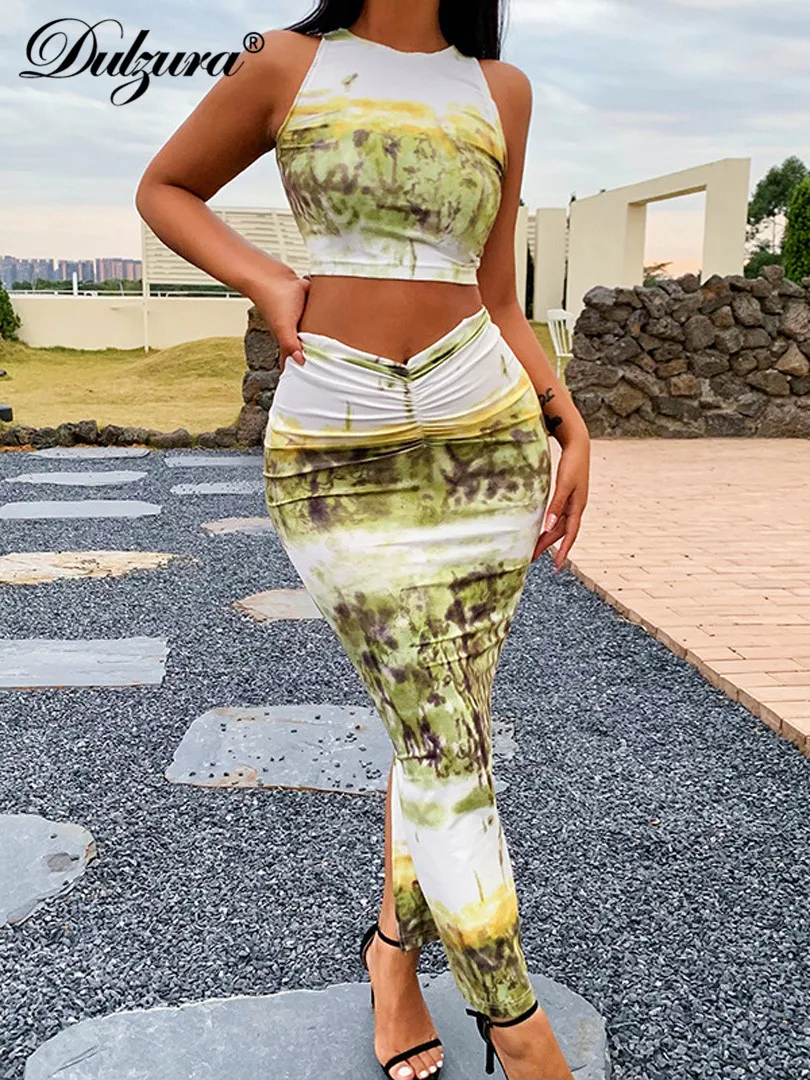 

Женский укороченный топ Dulzura, комплект из 2 предметов, юбка миди с рюшами, облегающая уличная одежда, сексуальные вечерние Клубное 2021, наряды