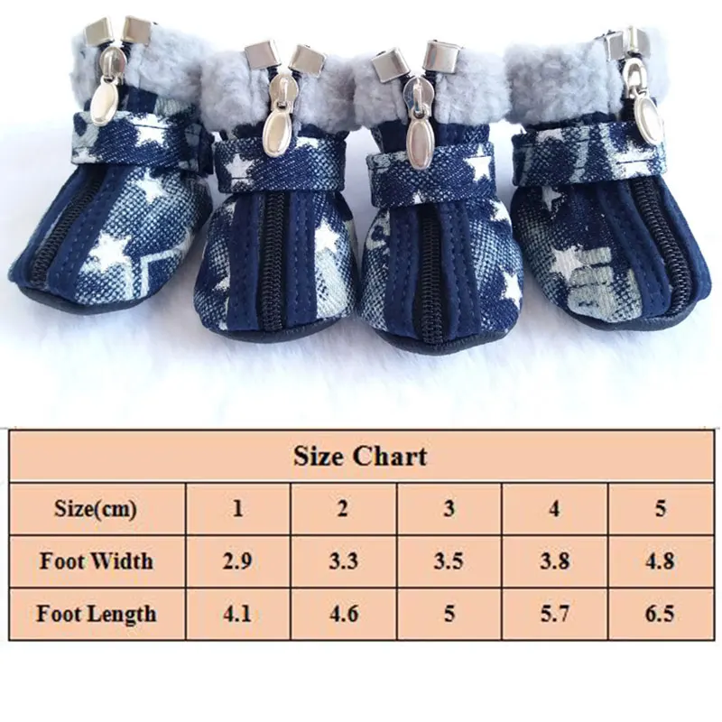 

4pcs/set Pet Shoes Dogs Puppy Boots Denim Warm Snow Winter Anti Slip Zipper Casual Puppy Sneakers Paw Protectors Pet Supplies