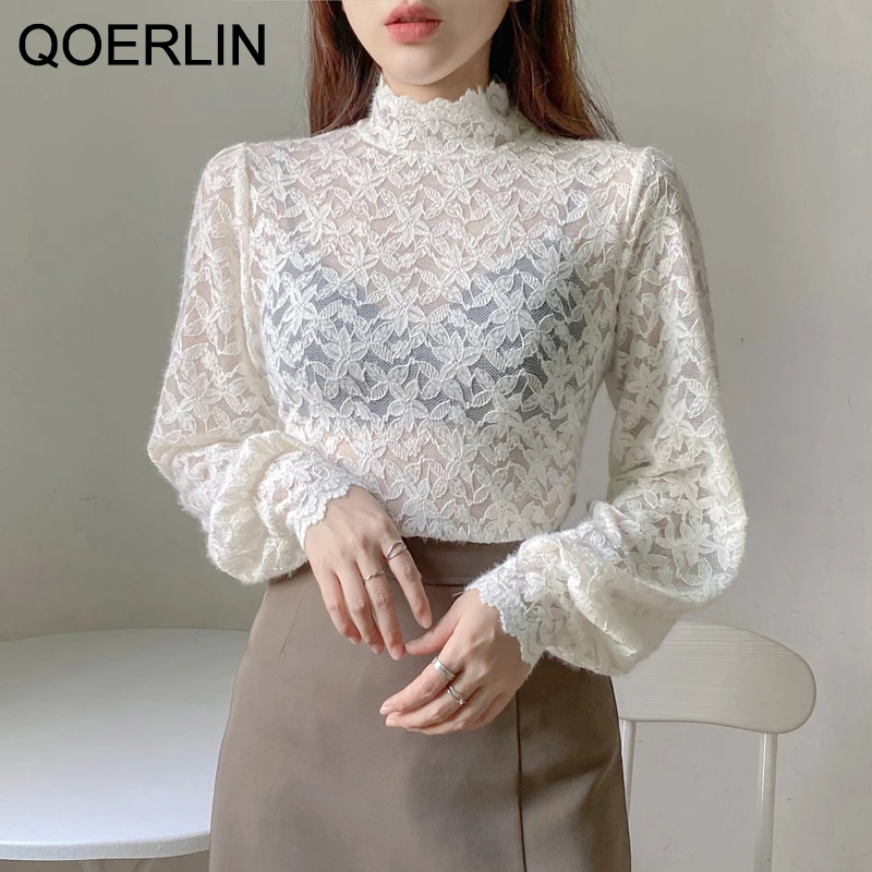 

Кружевная рубашка QOERLIN, Женская Корейская рубашка с коротким воротником, вязаная крючком блузка с эффектом потертости, футболки с рукавами-...