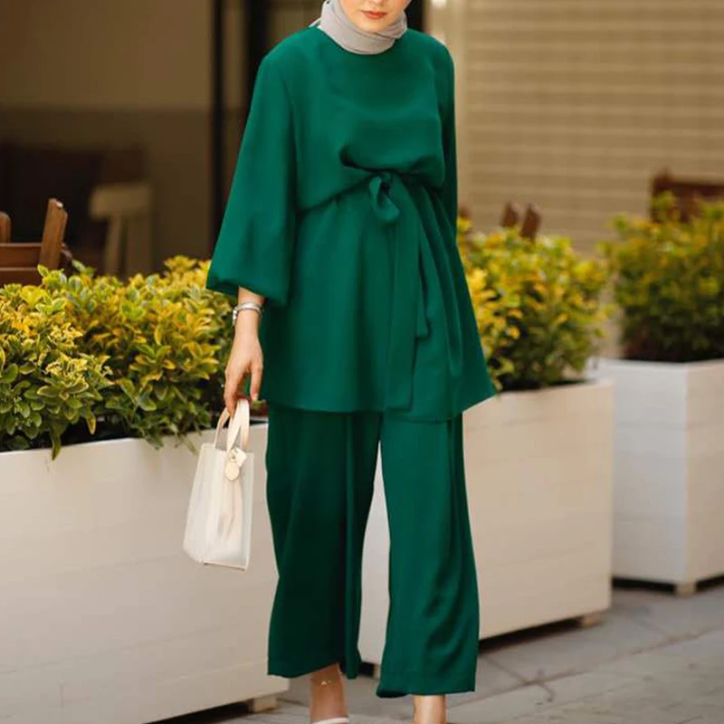 

Muslim Set Women 2pcs Set Female Tops and Wide Leg Pants Formal Dubai Abaya Lace Up Islamic Fashion Clothing Muslim Sets