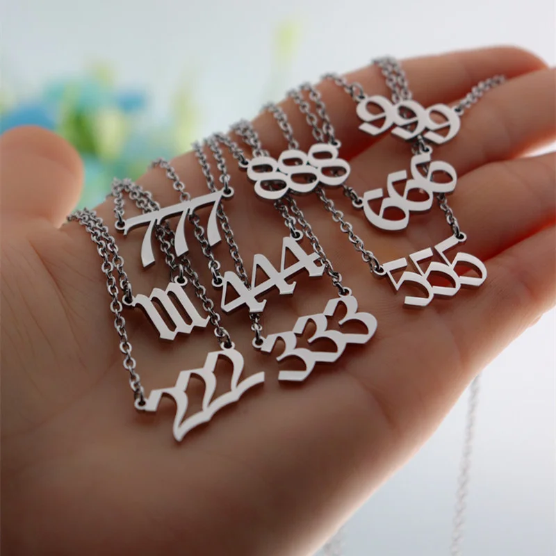 

10pcs Lucky Number Choker 666 111 222 333 444 888 999 555 777 Devil Necklace Stainless Steel Jewelry Old English Number Necklace