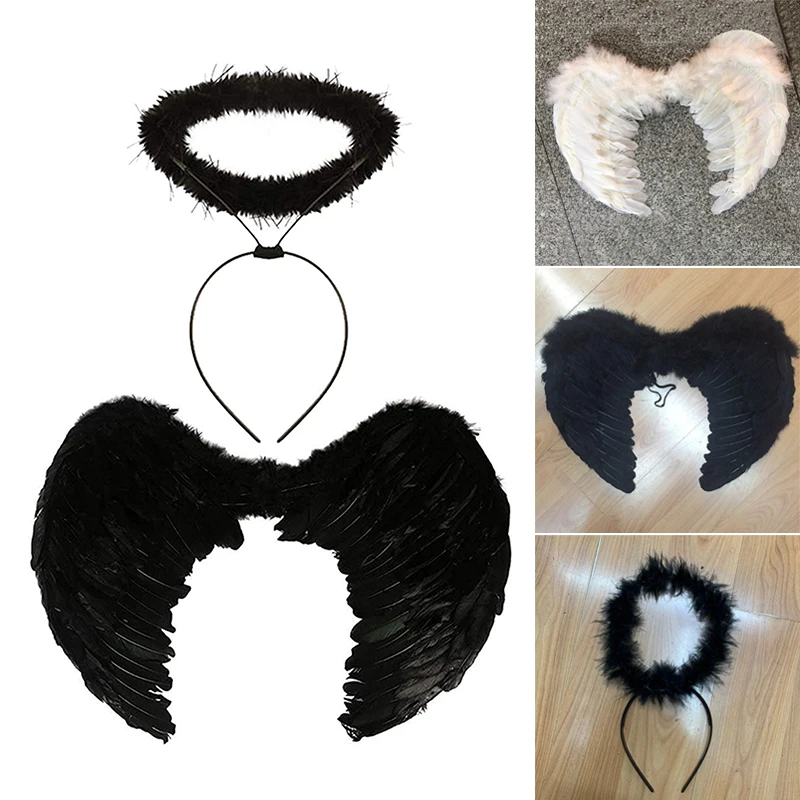 

Children's Cosplay Costume Props Creative Angel Feather Wing And Headband Halloween Theme Party Accessories d88
