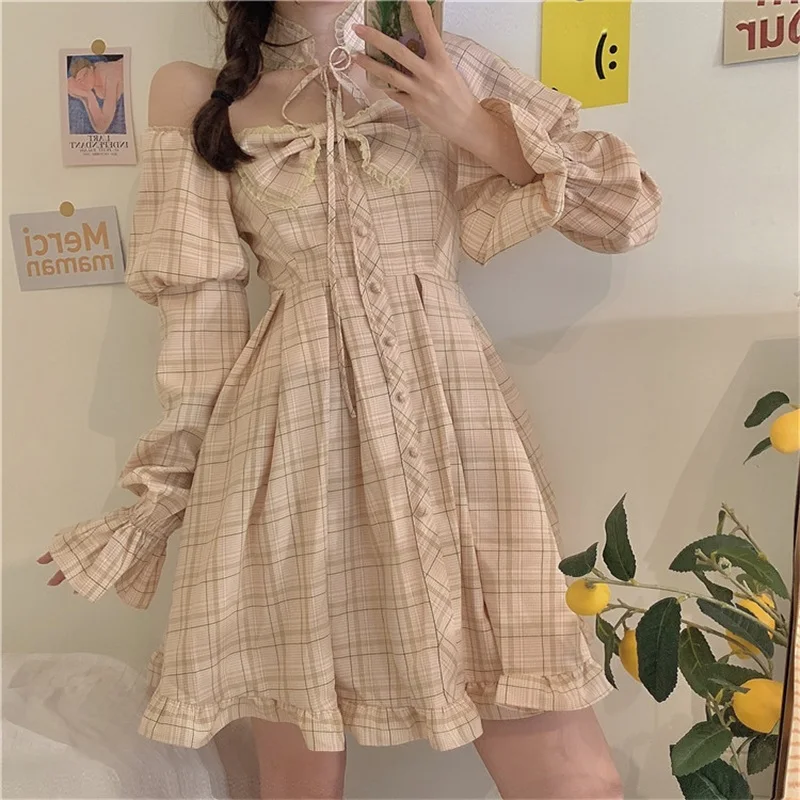 

Sweet Kahki Lattice Women Dress Spring Autumn Square Collar Bow Fairy Dresses Puff Sleeve Cute Kawaii Ruffles One Piece Vestidos