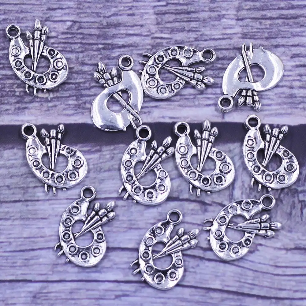 

30Pcs Pendants Palette Paintbrush Art Silver Tone Jewelry DIY Making Findings 17x12mm