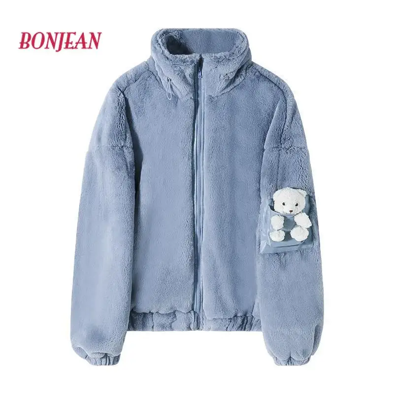 

Korean Winter Women Mens Lamb Fleece Jackets Parkas Thicken Warm Female Coats Fashion Bear Printing Embroidery Funny Plus Size