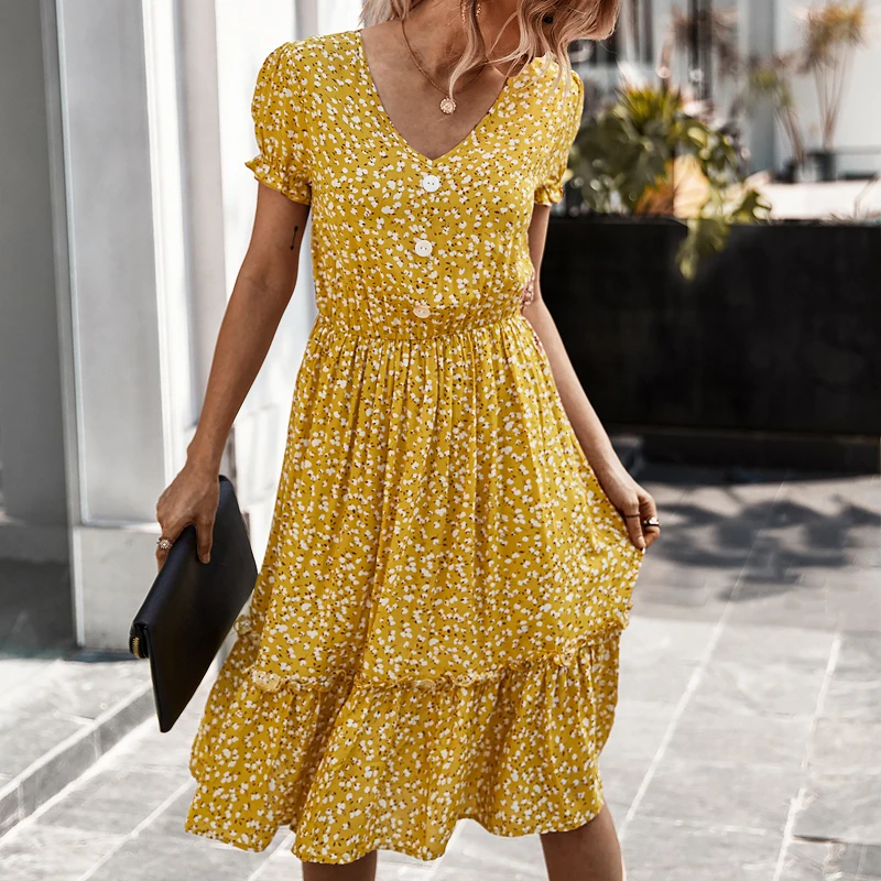 

2021 Summer Elegant Boho Floral Print Midi Dress Women V Neck Button Fashion Beach Ruffles Dresses Women Sundresses vestidos