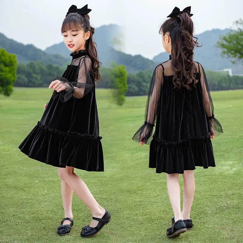 

2021 New Arrivals Girls Fashion Dress Black Elegant Princess Party Evening Dress Velvet Mesh Long Sleeve Children Wear Clothing