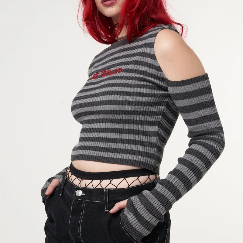 

Y2k NO PROBLEM Letter Embroidery Knit Cold Shoulder Striped Rib Top Female Spring Long Sleeve Casual Sexy Crop Top Women T-shirt