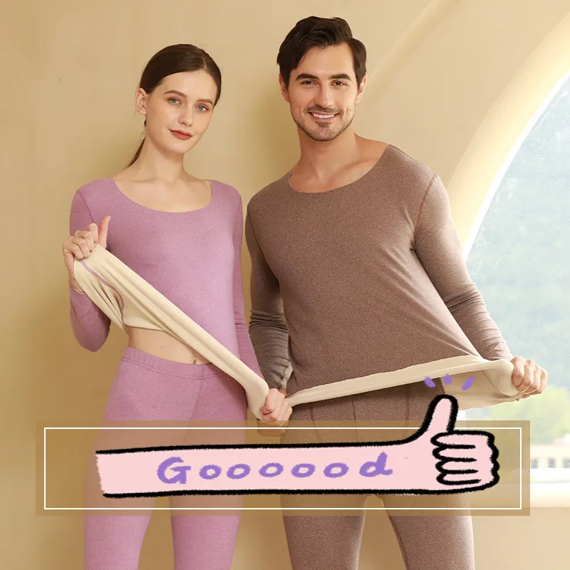 

DE wool thermal underwear female non-trace double-sided grinding round collar render MAO qiu dong long Johns suit man