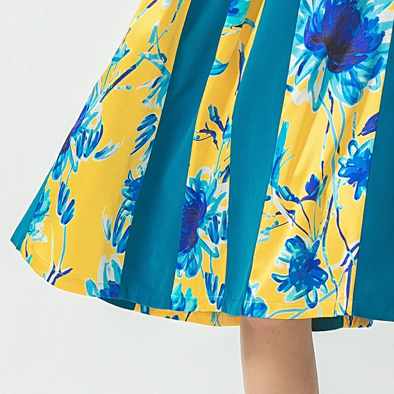 

VOA Sky Blue 40m/m Heavy Womens Dresses Printed Round Neck Short Sleeve Crisp Elegant Party Silk Dress Women Chothes A10717