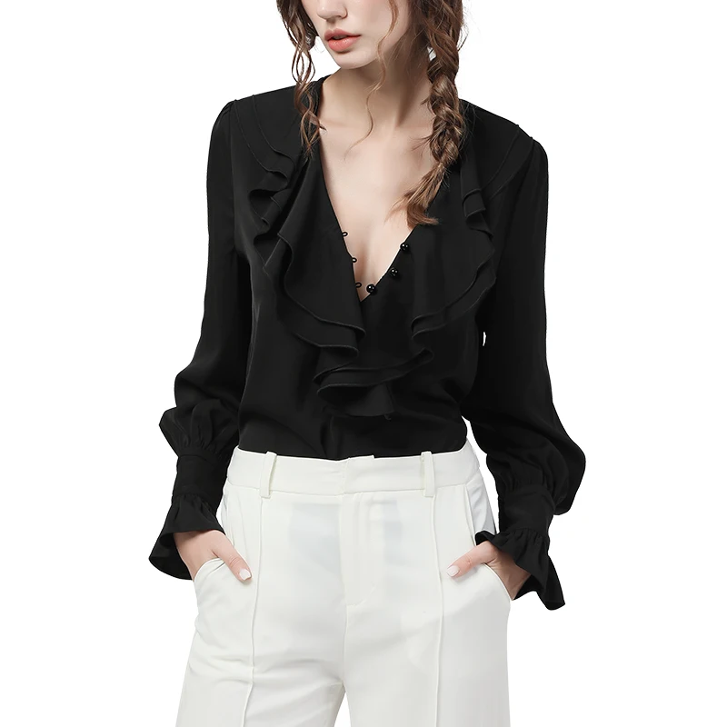 

2020 Autumn New Women Tops Long Sleeve Sexy Deep V-Neck Ruffles Blouses Solid Color Fashionable Flared Elegant Feminine Shirts