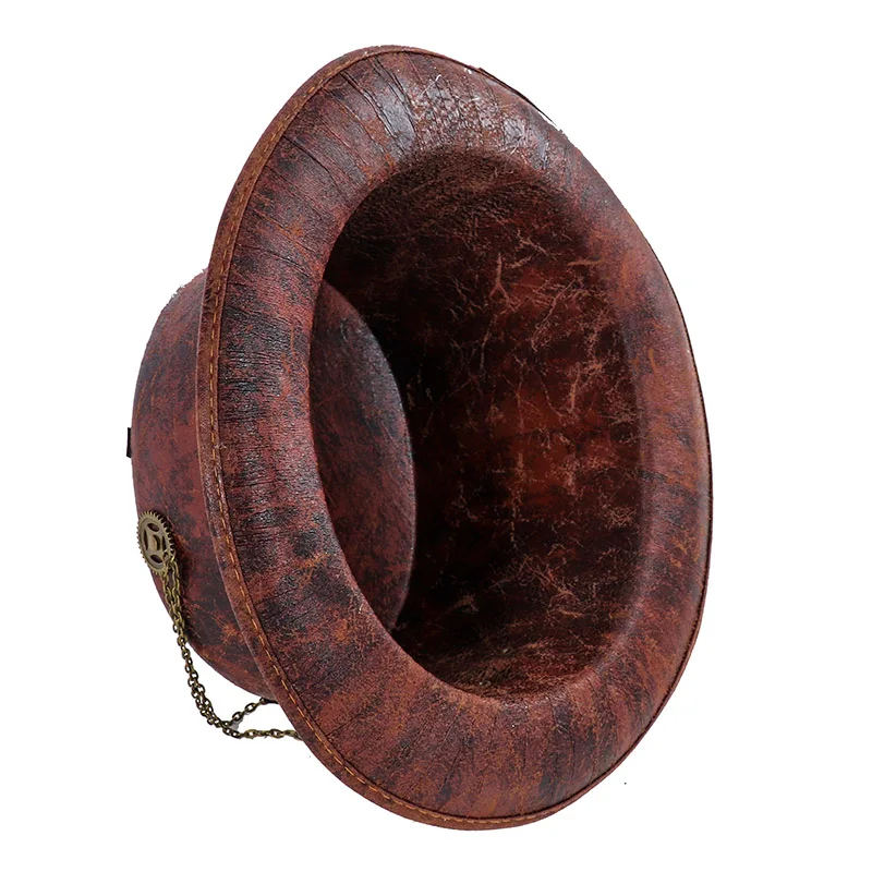 

Hot sale PU Leather Retro Steam Punk Cosplay Gear Chain Feather Decor Casquette Carnival Bowler Steampunk Hat