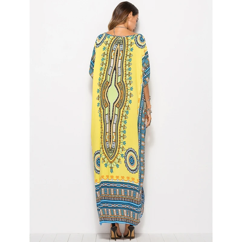 

Beach Dress Florals Print Bats Sleeve Loose Women Robe Dress Yellow