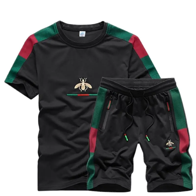 

Men's Short Sleeve T-shirt Two-piece Fashion Embroidery Casual Short Sleeve Jacket Pants Three-piece 2021 Summer New