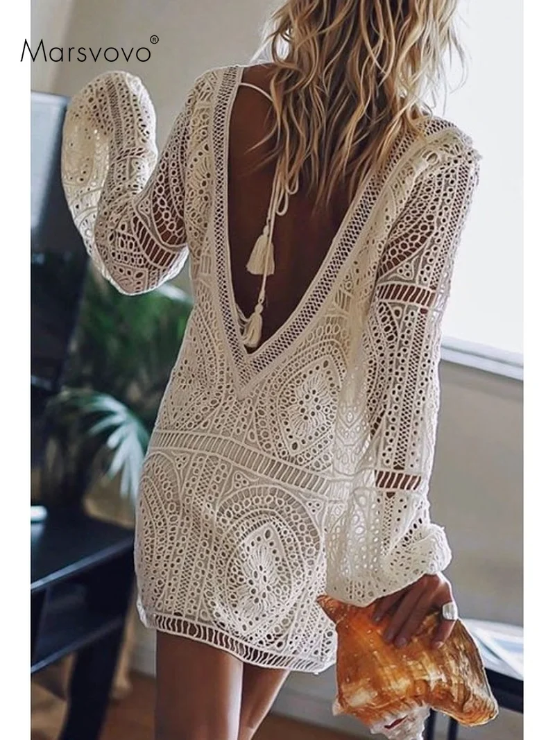 

Solid White Dress Lace Bathing Suit Sexy Backless Swimsuit Long Sleeve Boho Plus Size Crochet Beachwear Bikini Mesh Cover Up