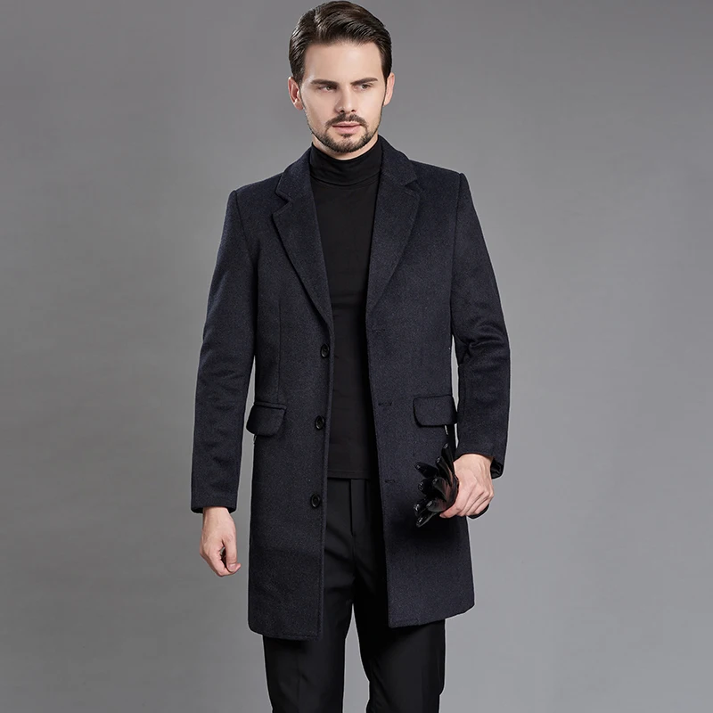 Зимнее мужское длинное утепленное шерстяное пальто деловой облегающий