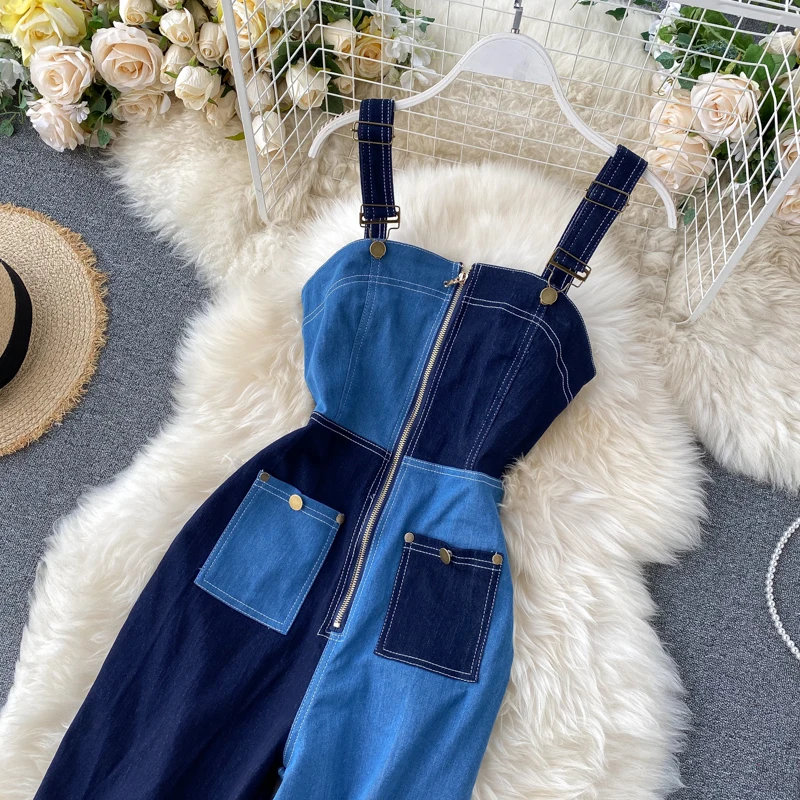 Gagarich Women Jumpsuit Denim Color Matching Jeans Autumn 2020 New Arrival Vintage Fashion High Waist Zipper Wide Leg Bodysuit | Женская