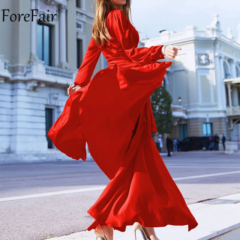 Forefair V Neck Wrap Sashes Sexy Elegant Party Dress Split Long Sleeve Women Maxi Red Club Spring Autumn Lady Vintage Dresses | Женская