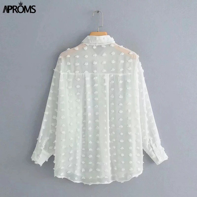Aproms, винтажные, в горошек, с кисточками, белые блузки, рубашки для женщин,, длинный рукав, Пляжная туника, элегантная шифоновая рубашка, повседневные женские топы