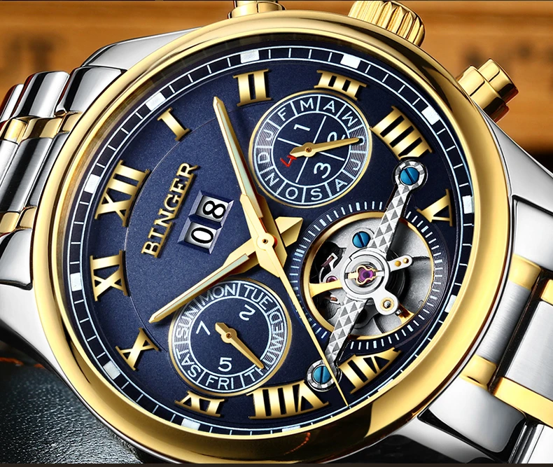 Швейцарские Бингер мужские часы люксовый бренд Tourbillon сапфир светящиеся несколько функций механические наручные часы B8602-7
