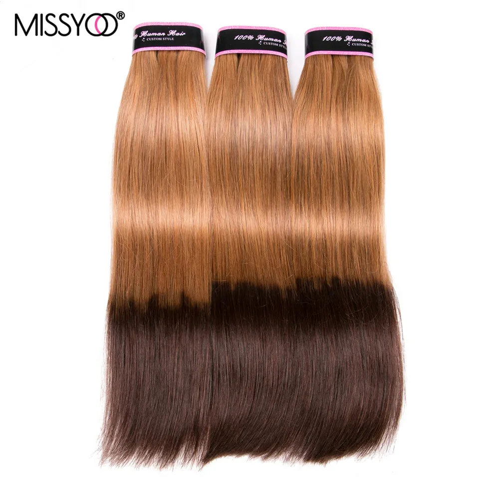 Ombre Brown Straight Bundles With Closure Brazilian Remy 27/4 Human Hair Double Drawn Funmi 3 Extensions | Шиньоны и парики