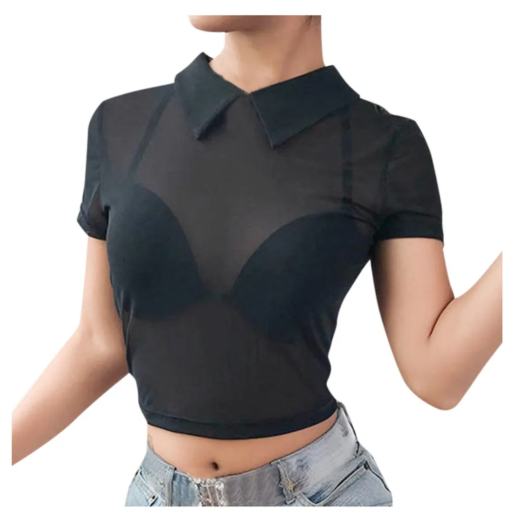 Перспективная сетчатая Прозрачная Футболка для женщин с воротником стойкой