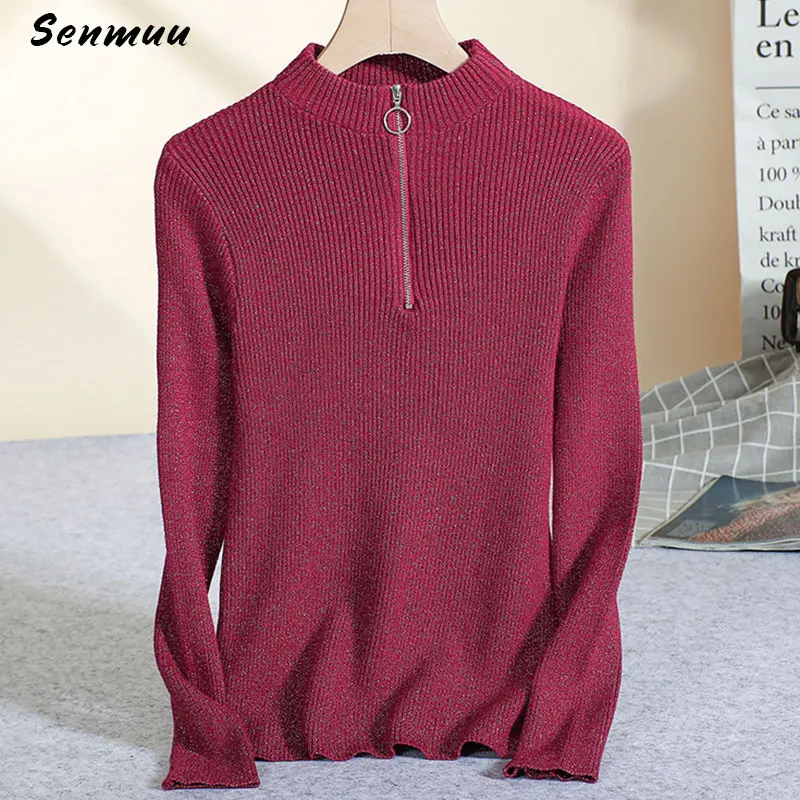 Ribbed Zip Front Mock Neck Sweater for Women Bandage Slim Pullovers Solid Color Long Sleeve Female Jumper Top Autumn Newest 2019 | Женская