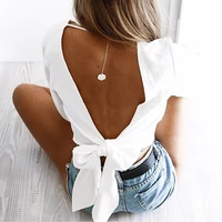 backless v neck white sexy blouse women summer wrap shirt long sleeve chiffon womens tops and blouses