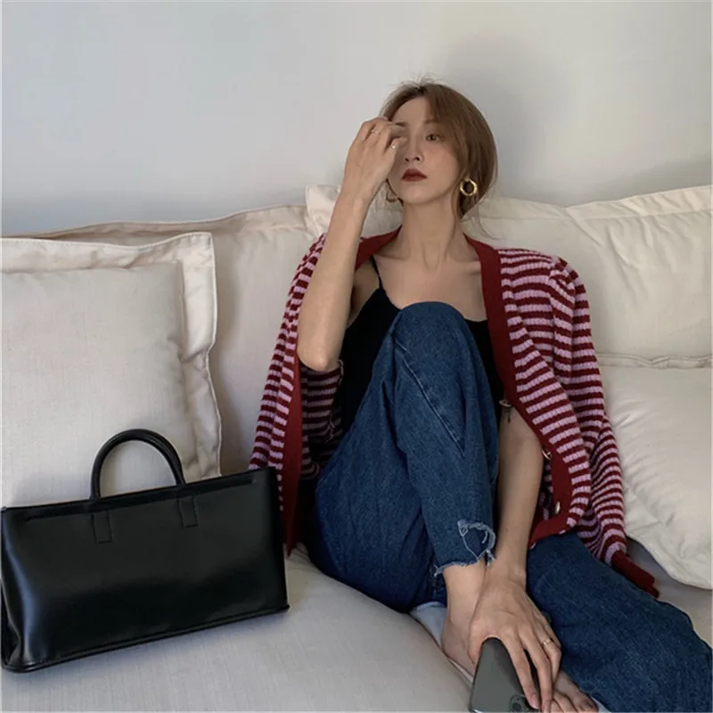 

Korean Contrasting Color Striped Knitted Cardigan Women Sweater Spring Autumn New Long-Sleeve V-Neck Knitwear Loose Tops G1357