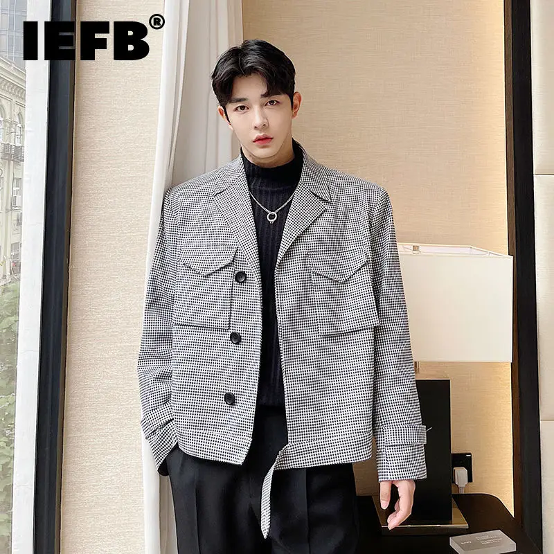 

IEFB Notched Collar Three-dimensional Large Pocket Black And White Lattice Jacket Coat 2022 New Spring Men's Short Coats 9Y8785
