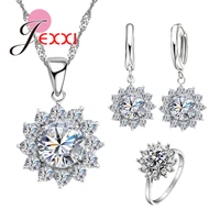 charming new cubic zirconia sunflower 925 sterling silver jewelry sets earrings pendant necklace rings set valentine day gift
