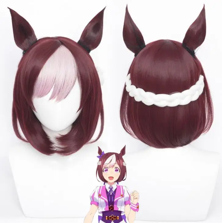 

Anime 35cm Length Uma Musume Pretty Derby Cosplay Wig with Ears Braid Bangs Special Week Party Synthetic Hair Women