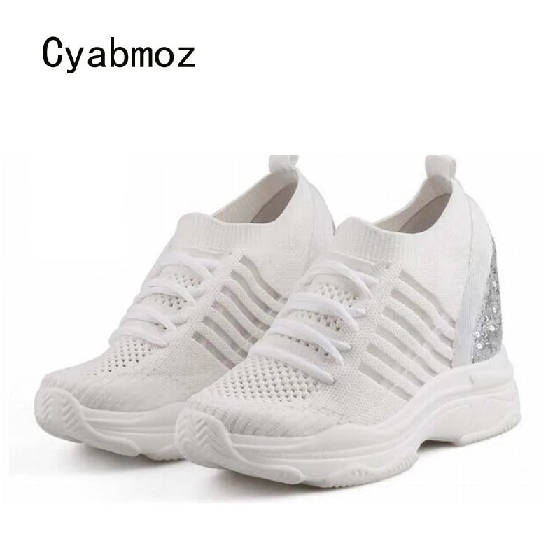 Cyabmoz/Новинка; женские кроссовки; пикантные туфли на высоком каблуке, визуально увеличивающие рост; обувь на платформе; женская дышащая повседневная обувь с блестками