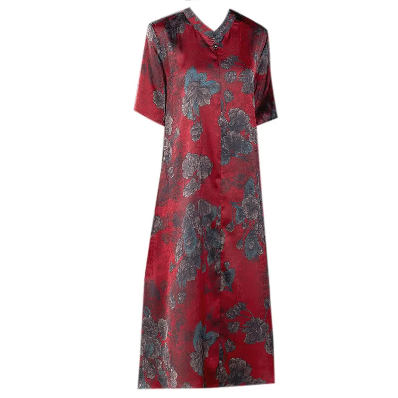 

Spring women's mulberry silk dress collar dress in large yards mothers