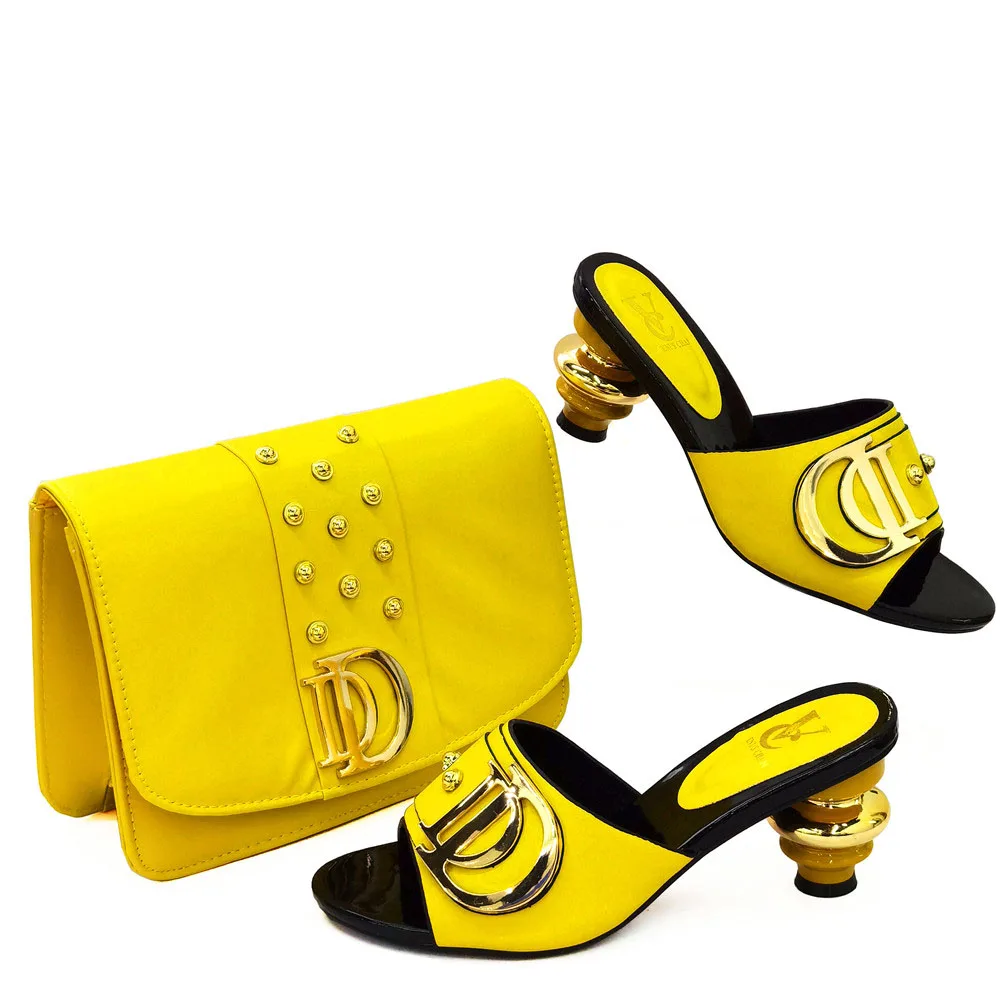 

New Arrival Special African Wedding Shoes and Bag Set Yellow Color Italian design Shoes with Matching Bags Nigerian Women party