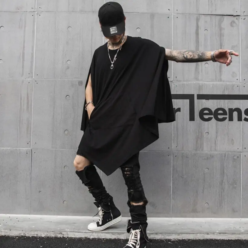 

Summer men oversized punk hip hop t shirt sleeveless jacket cloak nightclub singer stage costume gothic vintage tees streetwear