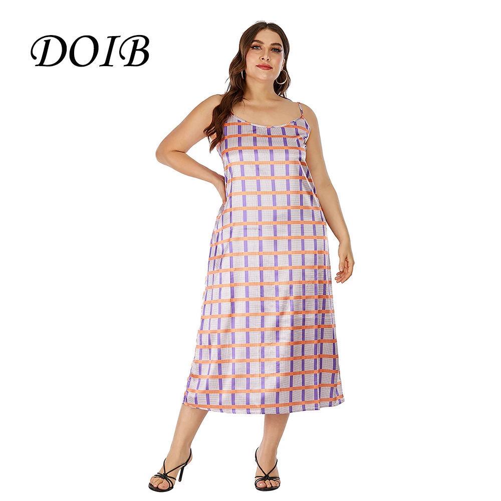 

DOIB Women Plaid Print Spaghetti Strap Pajamas Large Size Sleepwear Dress Loose Homewear Plus Size Nighgowns Summer Dress
