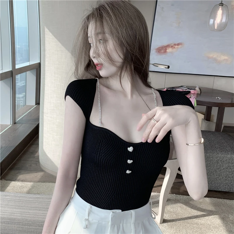 

GALCAUR Vintage Shirt For Women Square Collar Short Sleeve Slim Pullover Chain Solid Short Blouses Females Fashion 2021 Clothing