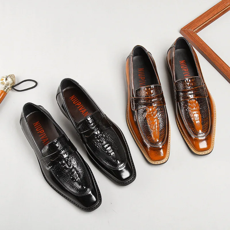 

Luxury Genuine Leather Men's Slip On Plain Toe Handmade Flats Crocodile Embossed Formal Dress Banquet Shoes For Gentleman H15
