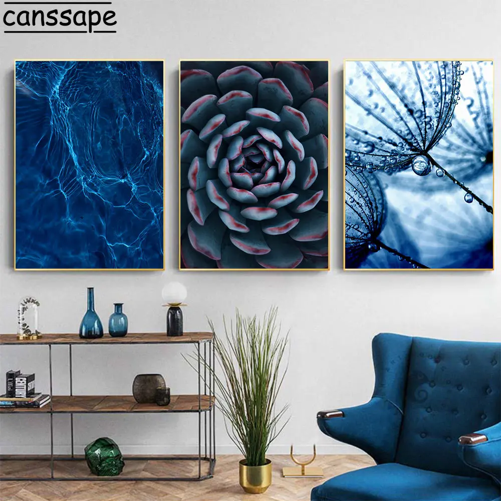 Суккуленты листья монстеры плакат Скандинавская настенная живопись Синий