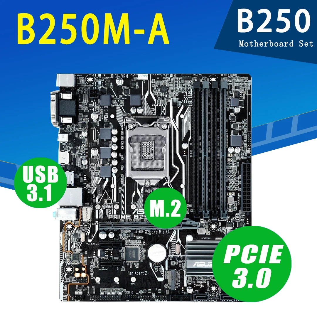 lga 1151 asus prime b250m a motherboard with intel core i3 6100 8gb ddr4 motherboard set 3 7ghz pci e 3 0 m 2 b250 placa mãe free global shipping