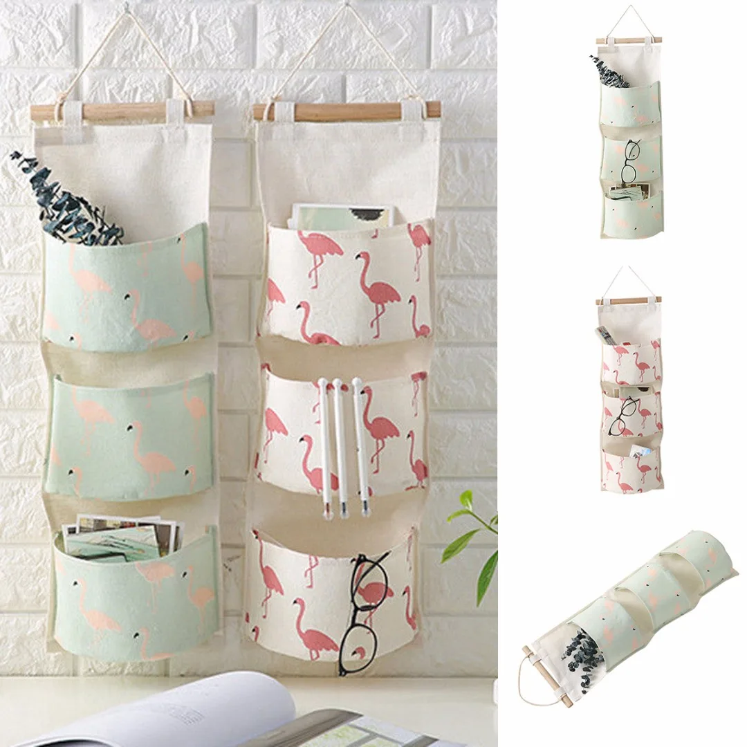 Льняная 3 слойная сумка для хранения с фламинго льняная настенная кармана