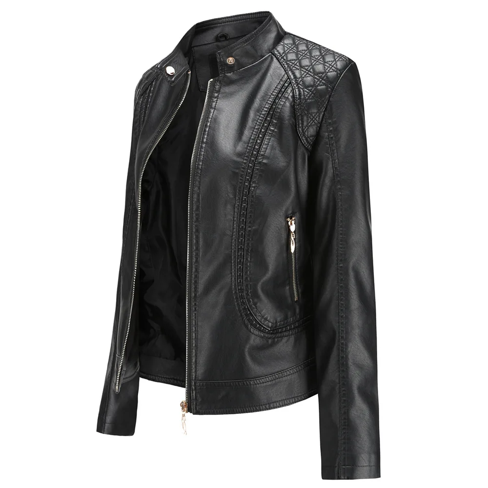 

KALENMOS New Leather Jacket Women Spring Autumn OL Stand Collar Motor Biker Coat Pu Outwear Fall Jacket Black Red