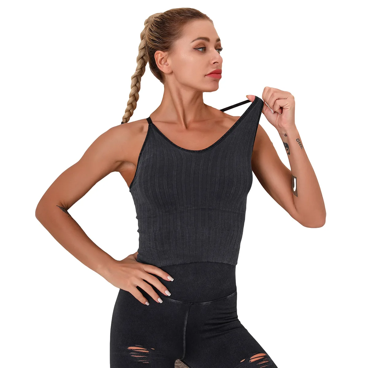 

Seamless washed sports tights women's slim-fit striped sexy fitness vest women's high-elastic yoga bra